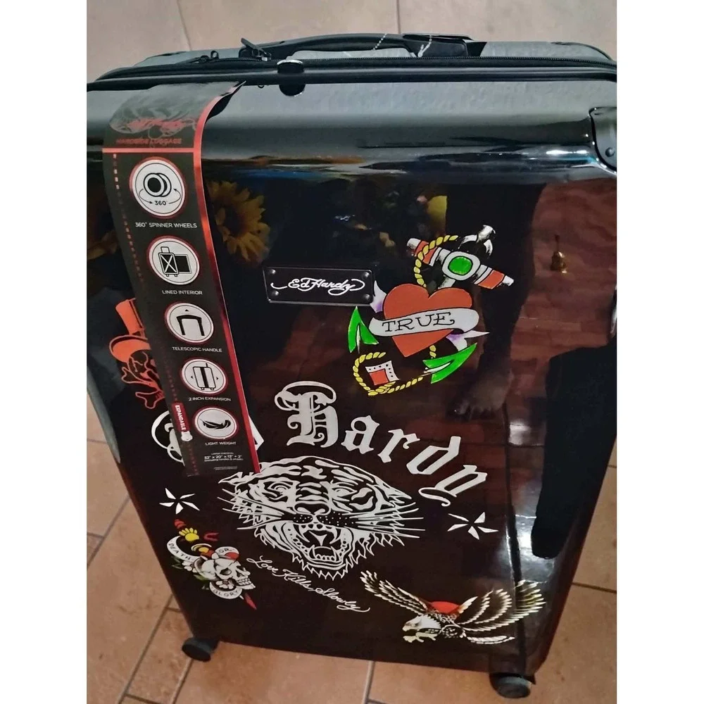 Ed Hardy Hardside Luggage Black Tiger Eagle Skull 32 Inch Spinner Suitcase NEW